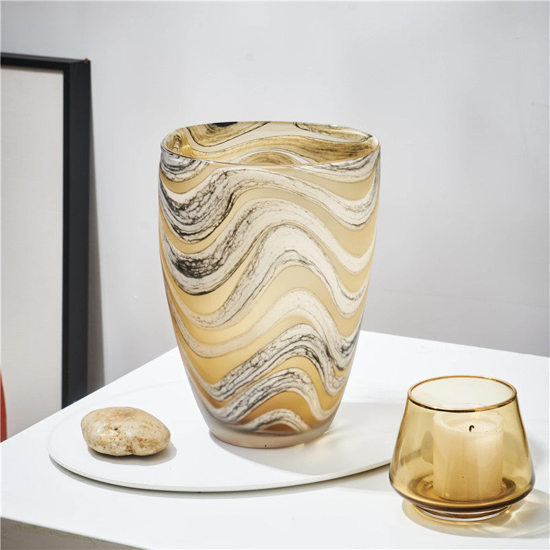 Handcrafted Brown Glass Vase with Water Ripple Design - Luxury Artistic Centerpiece for Home Decor