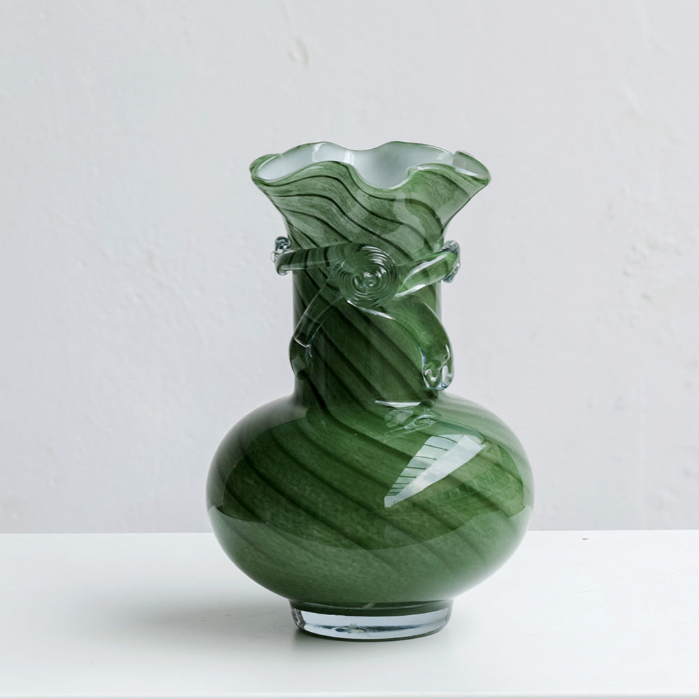 Green Water Droplet Wave Rim Hand-Blown Glass Vase - Minimalist Luxury Home Decor for Living Room, Office, or Interior Design