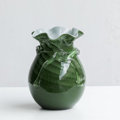 Green Water Droplet Wave Rim Hand-Blown Glass Vase - Minimalist Luxury Home Decor for Living Room, Office, or Interior Design