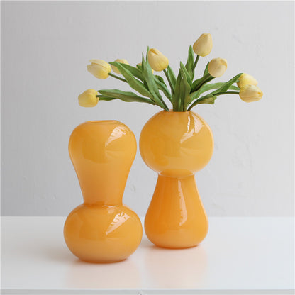 Nordic Minimalist Orange Glass Vase | Hand-Blown Cute Round & Cylindrical Design for Home Styling and Floral Arrangements