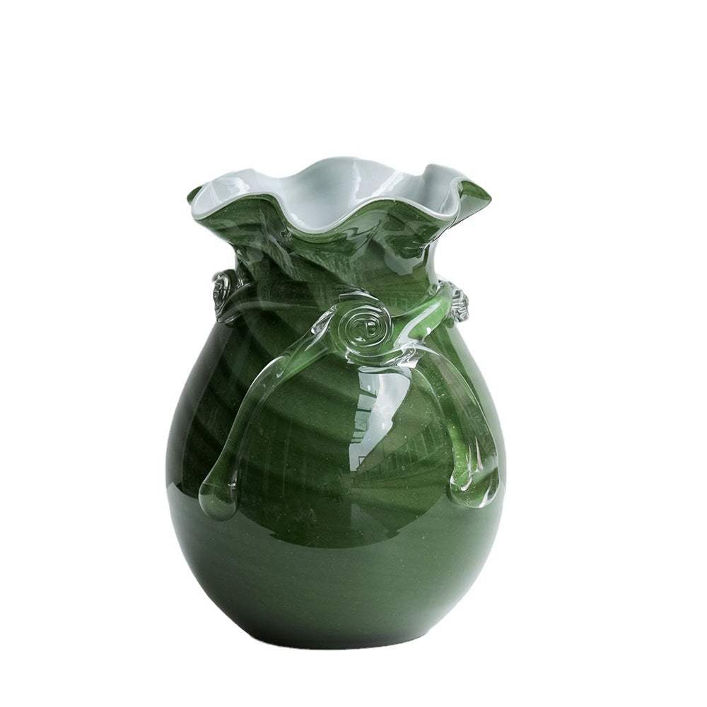 Green Water Droplet Wave Rim Hand-Blown Glass Vase - Minimalist Luxury Home Decor for Living Room, Office, or Interior Design